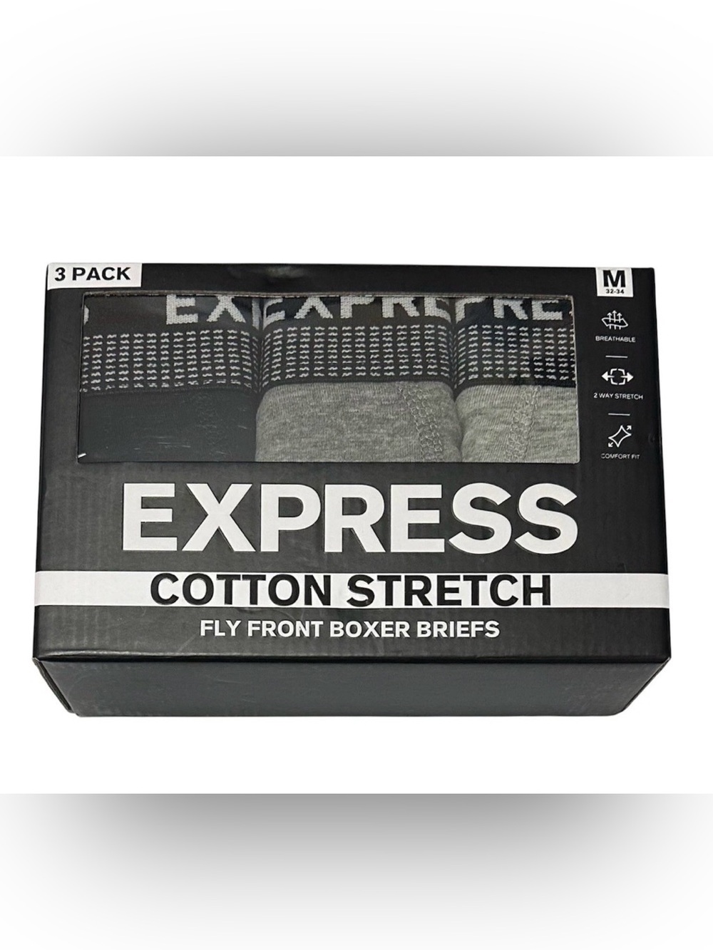Express 3 Men's Cotton Stretch Fly Front Boxer Briefs MED (32-34) Gray/Black